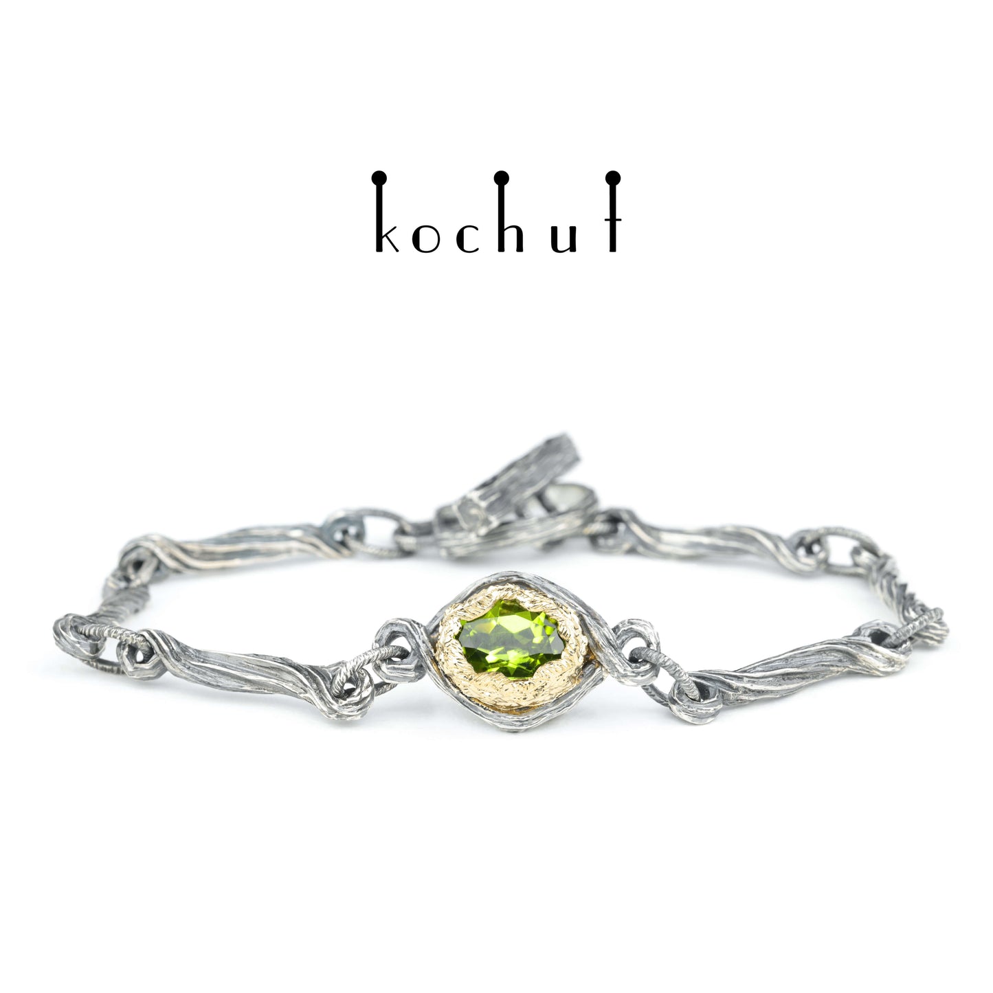 Quelle des Lebens — Armband aus oxidiertem Silber und Gelbgold mit Chrysolith