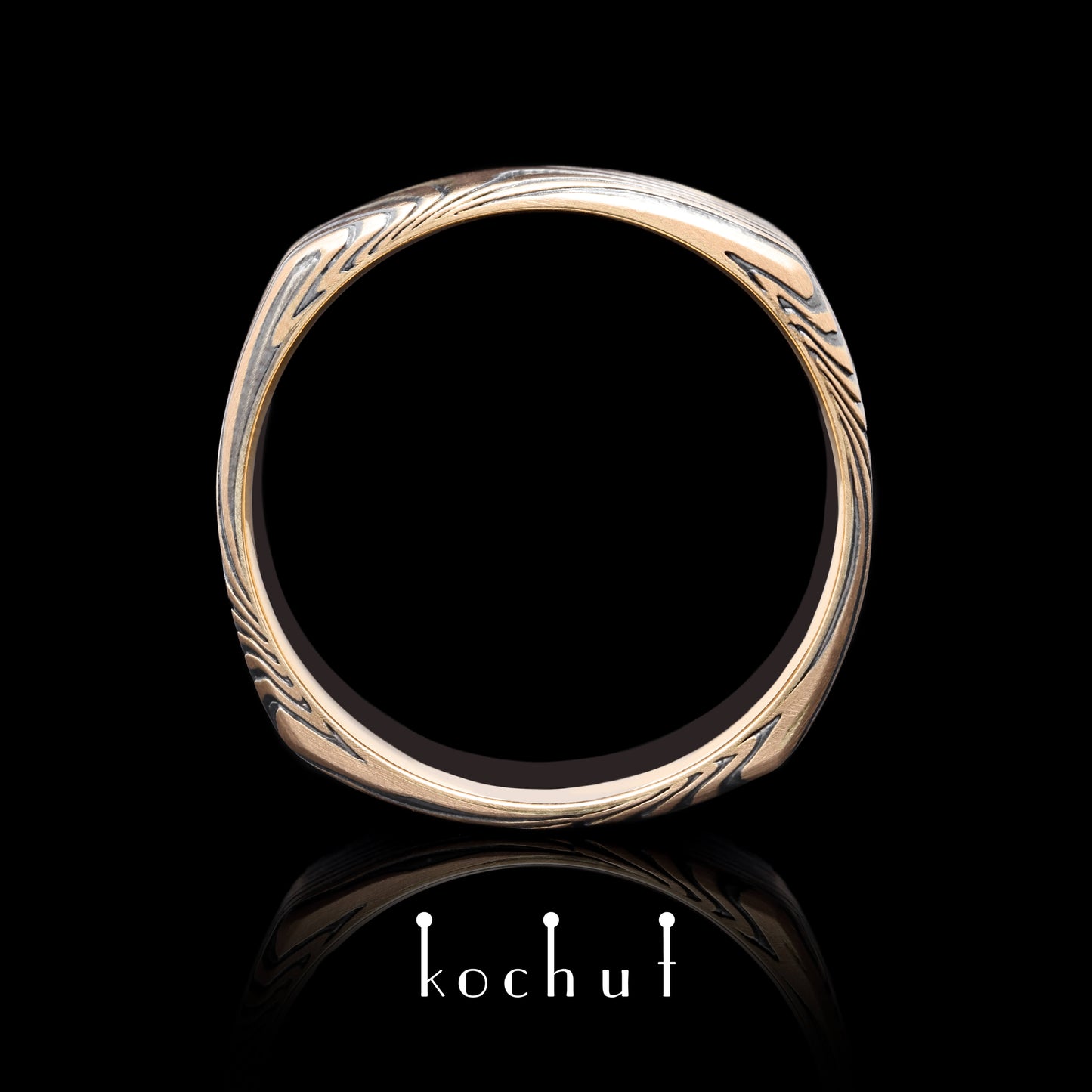 Tenno — Mokume-Ring aus Rotgold, graviertes und oxidiertes Silber