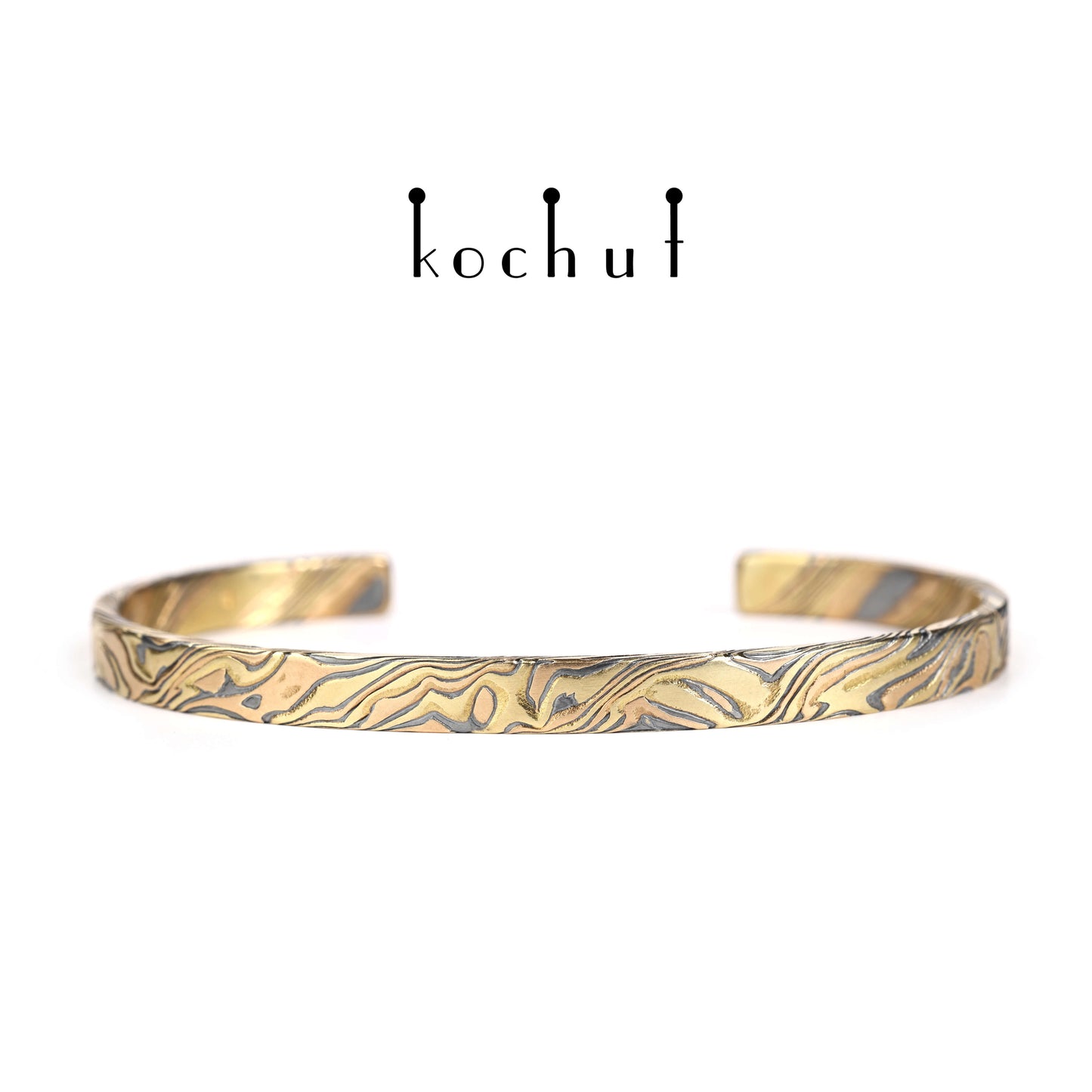 Kanso — Mokume-Armband aus Rot-, Gelb- und Weißgold sowie graviertem, oxidiertem Silber