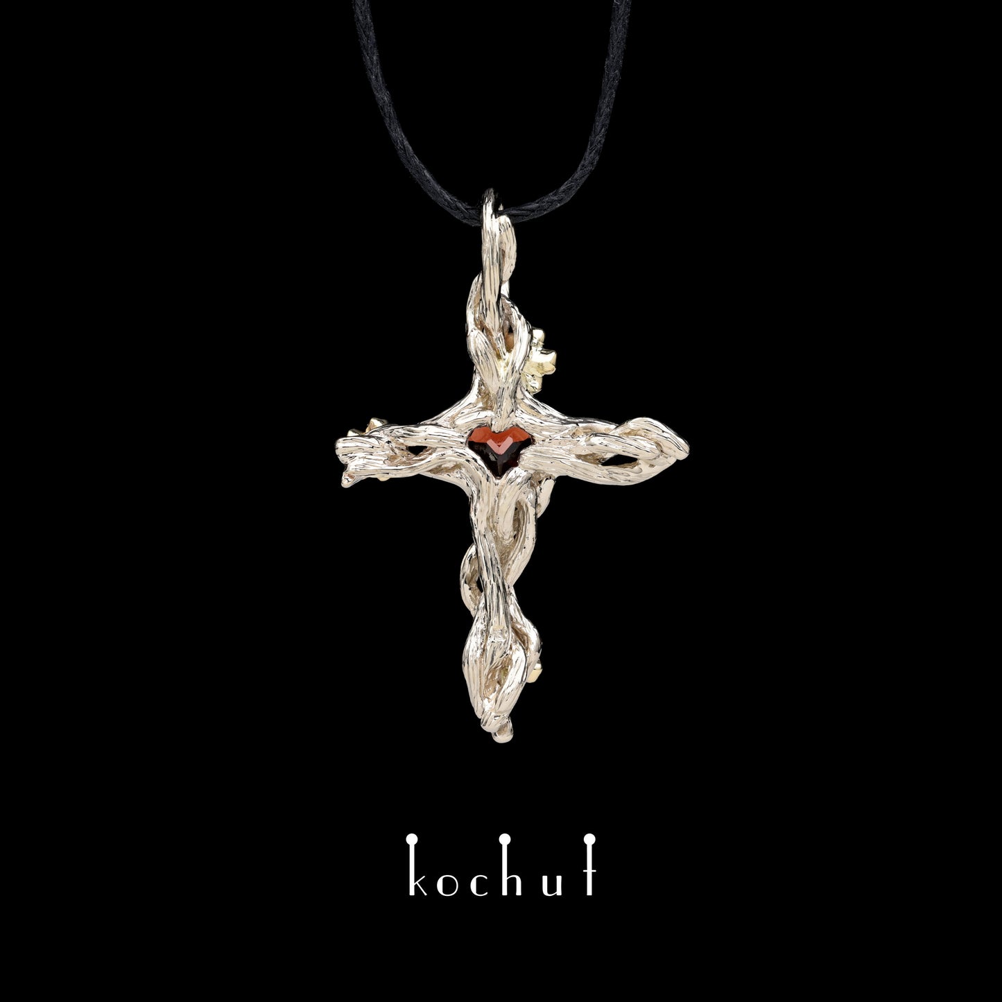 Herzgarten — Kreuz aus Weiß- und Gelbgold mit Granat und Diamanten