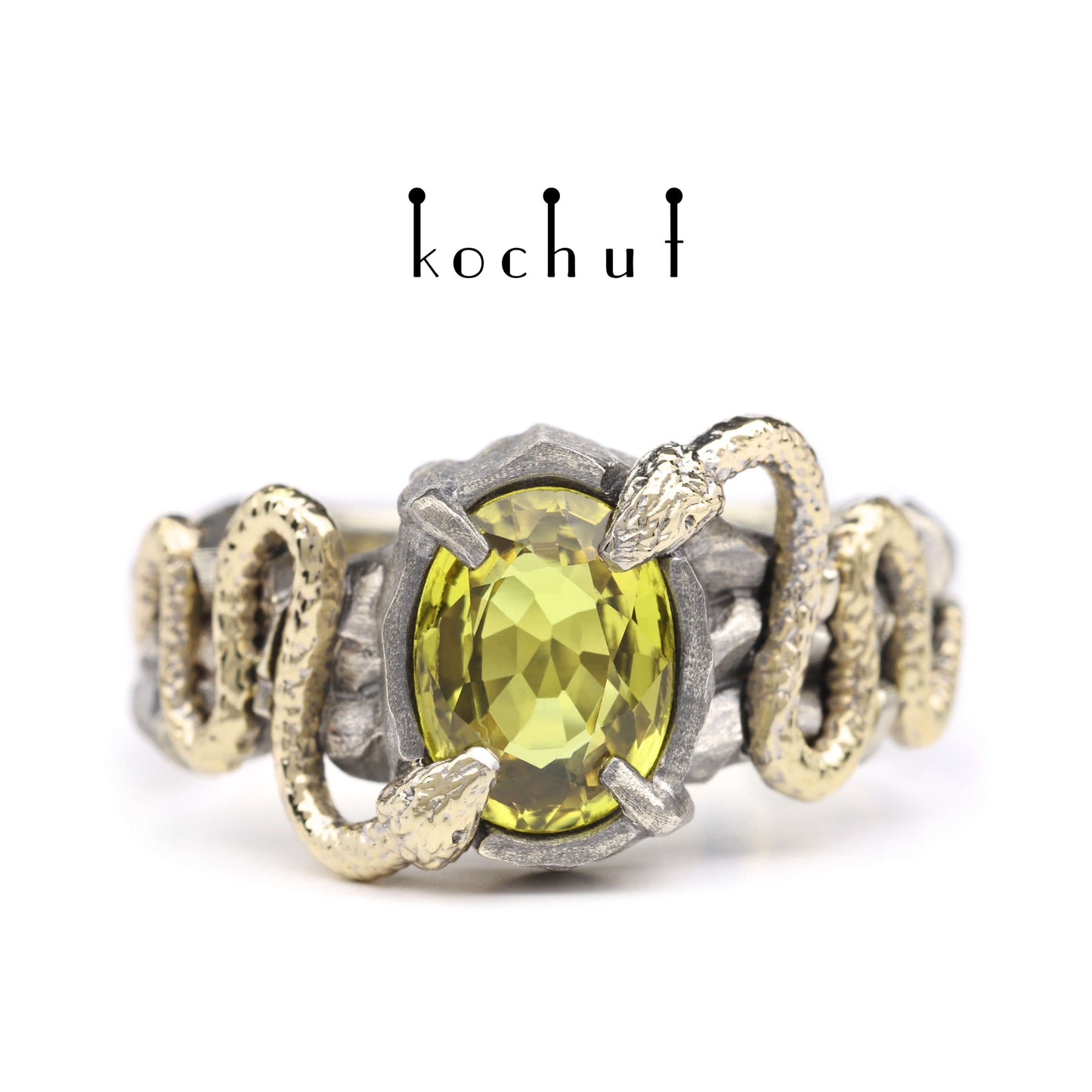 Versuchung — Ring aus Weiß- und Gelbgold mit gelbem Saphir, überzogen mit schwarzem Rhodium
