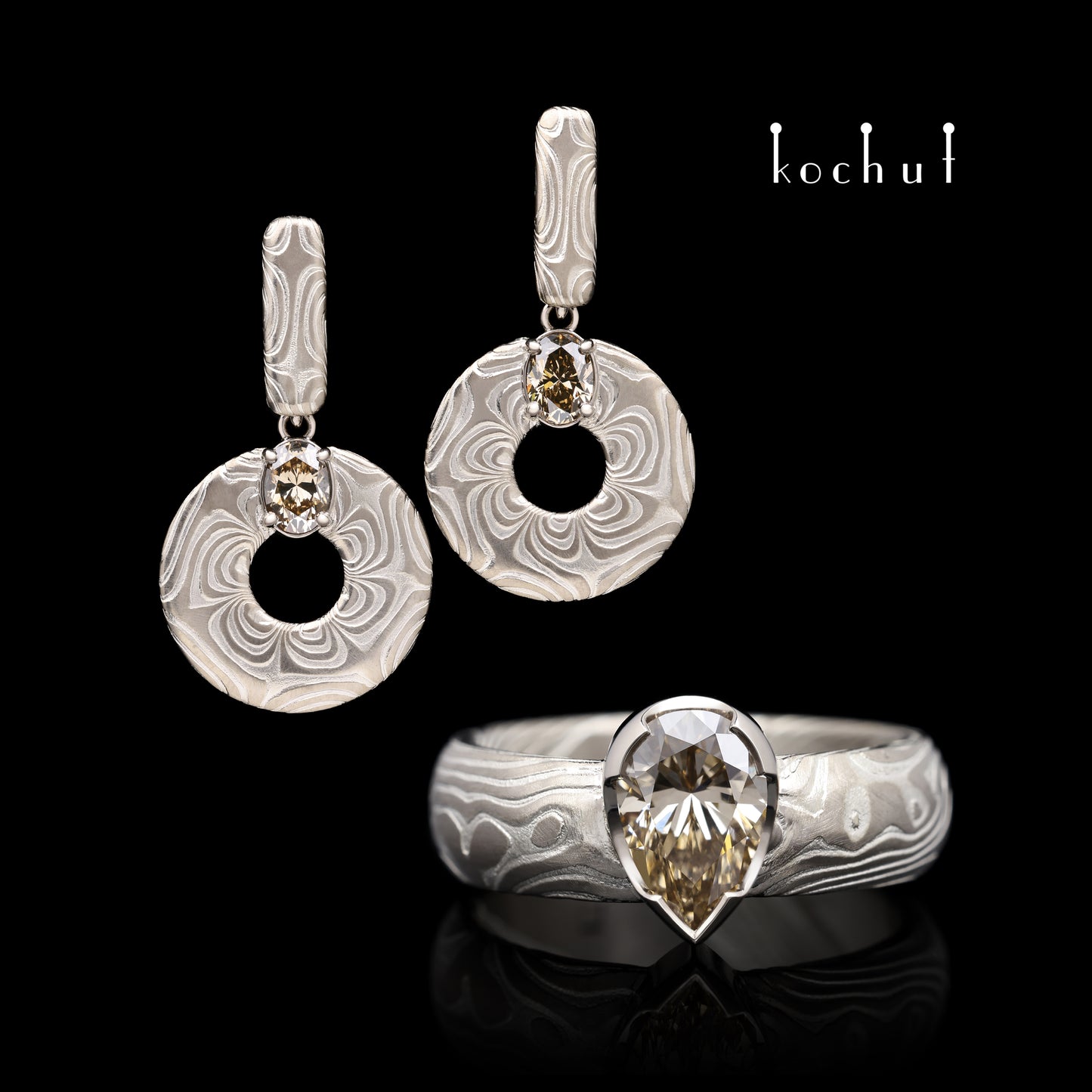 Wertvoller Astrolabium — Mokume-Schmuckset aus Palladium-Gold, graviertem Silber mit Diamanten