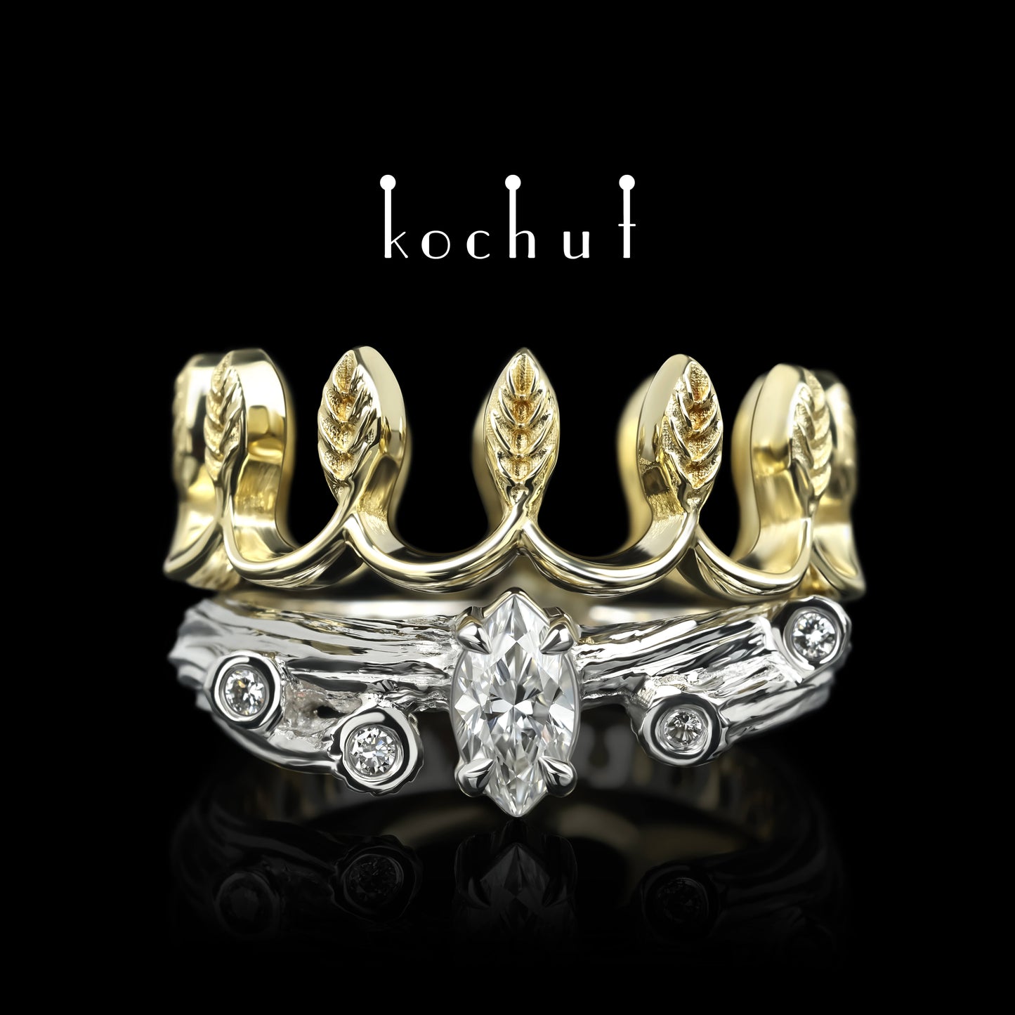 Ihre Majestät — Doppelring aus Weiß- und Gelbgold mit Diamanten, beschichtet mit weißem Rhodium