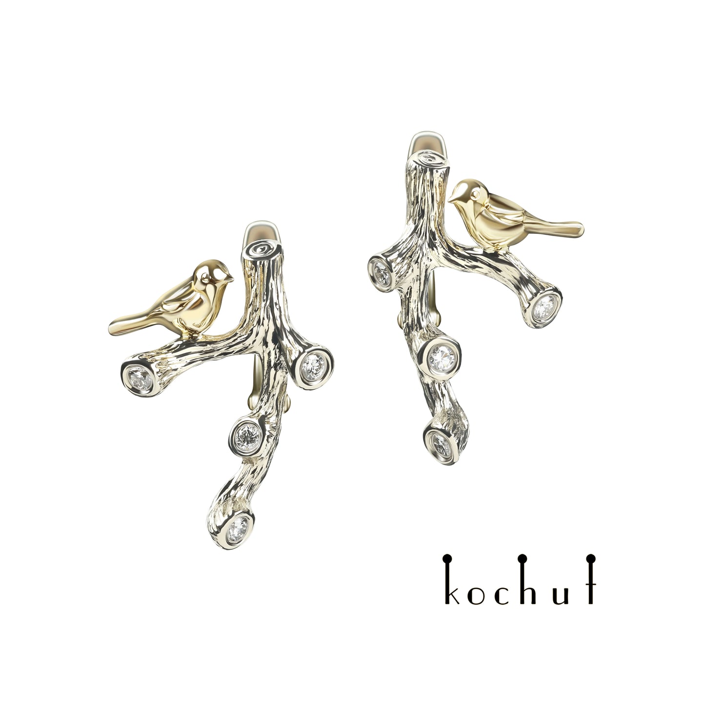 Vögel auf einem Zweig — Ohrringe aus Weiß- und Gelbgold mit Diamanten