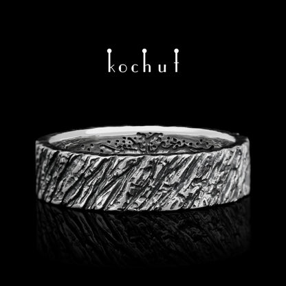 Baum des Lebens: Eschenrinde – Ehering aus oxidiertem Sterlingsilber
