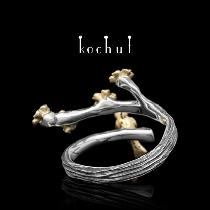 Vögelchen und Blumen – Ring aus oxidiertem Silber und Gelbgold mit Diamanten