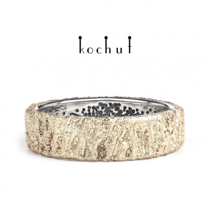 Baum des Lebens: Eichenrinde – Ehering aus oxidiertem Sterlingsilber, mit Belag aus Gelbgold