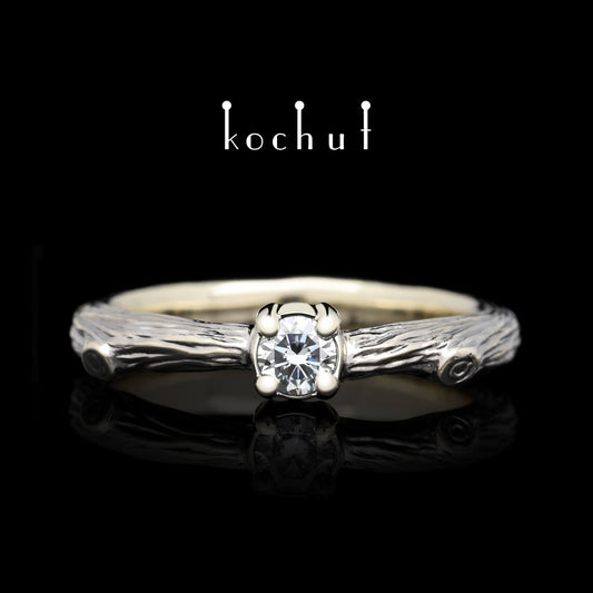 Zartes Zweig — Weißgold-Verlobungsring mit Diamant, überzogen mit schwarzem Rhodium