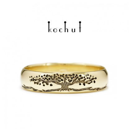 Baum des Lebens: Stiele - Ehering aus Gelbgold, überzogen mit schwarzem Rhodium (6.5 mm)