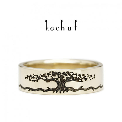 Baum des Lebens: Stiele - Ehering aus Weißgold, überzogen mit schwarzem Rhodium (6.5 mm)