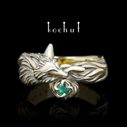 Kleiner Fuchs - Ring aus Gelbgold mit Smaragd, überzogen mit schwarzem Rhodium