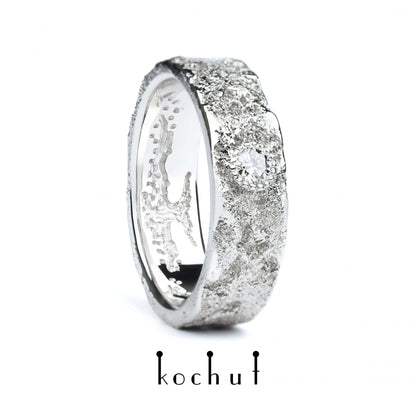 Leib und Seele mit dem Baum des Lebens — Weißgold-Ehering, weißgoldbeschichtet, und Diamant