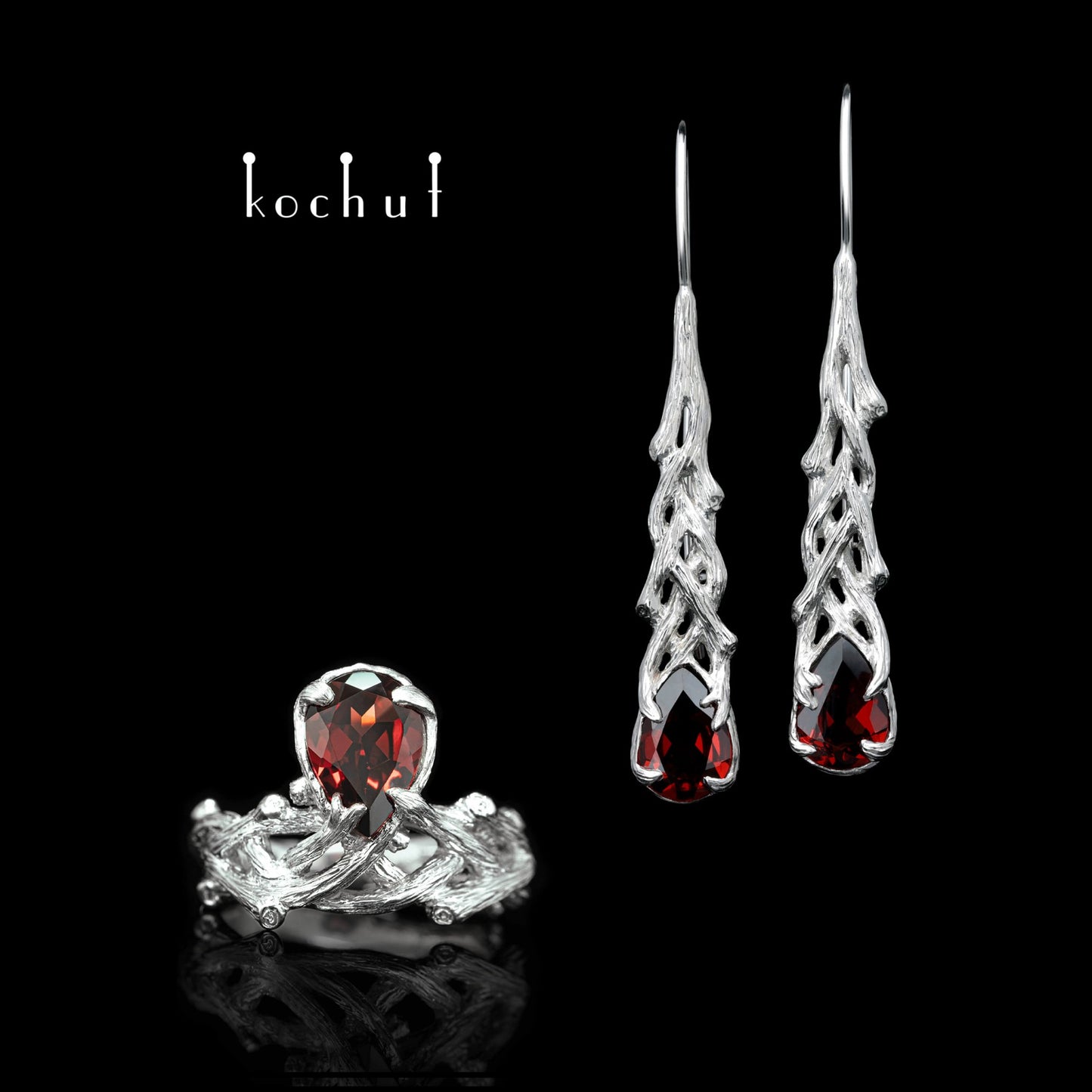 Galadriel — Sterling-Silber-Set mit roten Granaten, überzogen mit weißem Rhodium