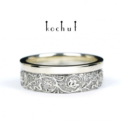 Harmonie der Natur — Ehering aus Weißgold und Silber, überzogen mit schwarzem Rhodium