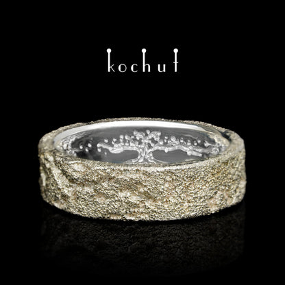 Leib und Seele mit dem Baum des Lebens — Silberring mit Weißgoldbeschichtung