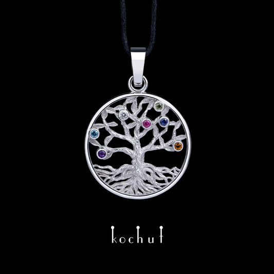 Baum des Lebens: Früchte — Anhänger aus Weißgold mit Edelsteinen, überzogen mit weißem Rhodium