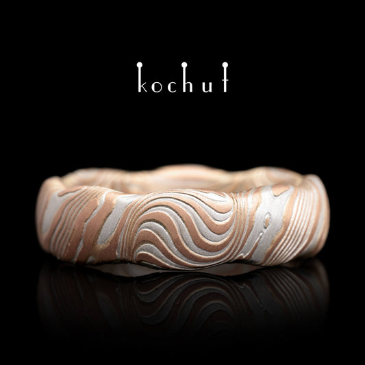 Wellen — Mokume-Ehering aus Rotgold 14K und geätztem und Sterlingsilber