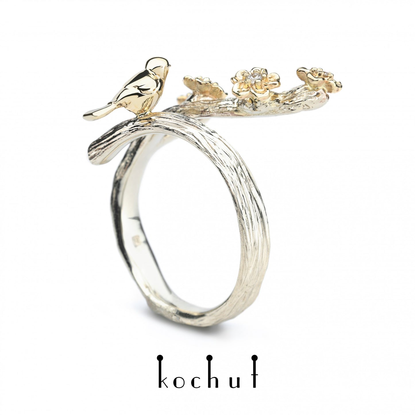 Vogel und Blumen — Ring aus Weißgold 14K und Gelbgold 14K mit Diamanten