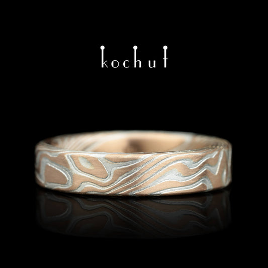 Kanso – Mokume-Ehering aus geätztem Silber und Rotgold