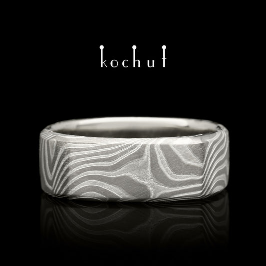 Tenno – Mokume-Ring aus Palladiumgold, Weißgold und geätztem Silber
