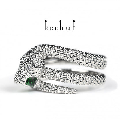 Die Liebe der Zügellosen - Ring aus Weißgold mit Tsavorit und Diamant und mit Rhodium überzogen