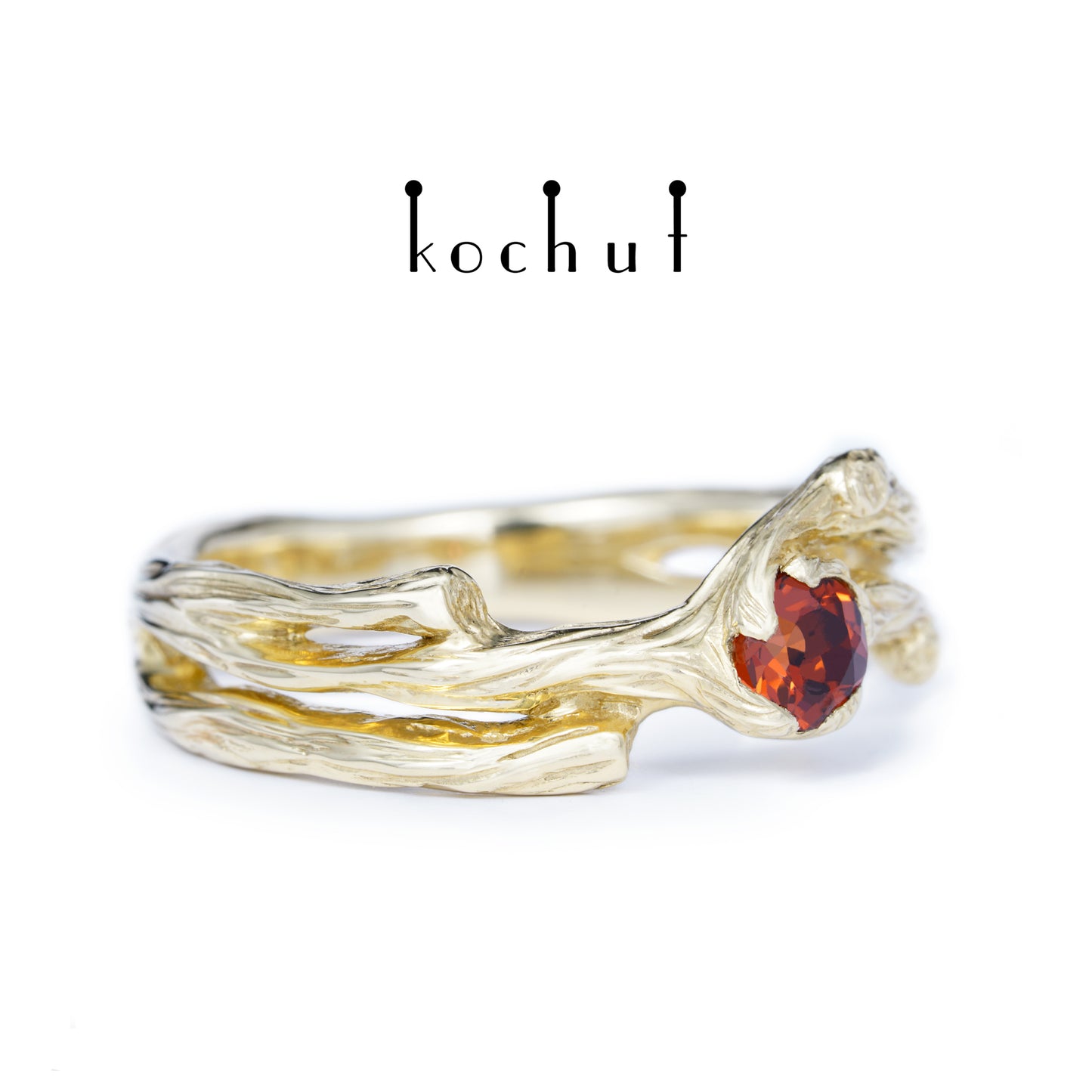 Zweig — Ring aus Gelbgold mit rotem Granat