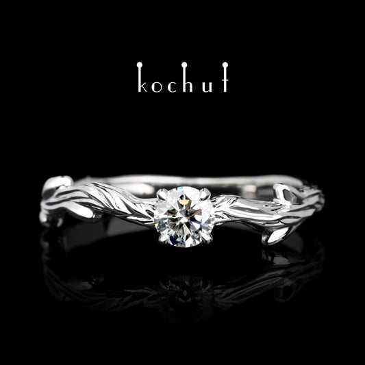 März Zweig — Ring aus Weißgold mit Diamant und mit weißem Rhodium überzogen