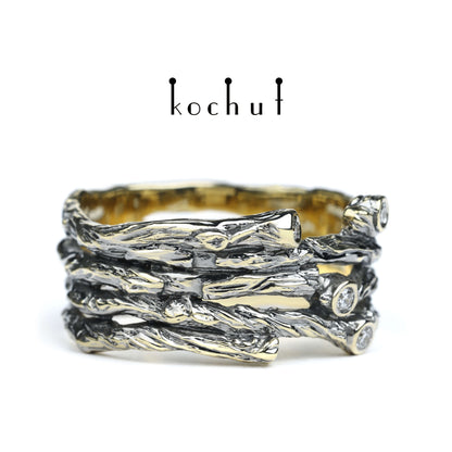 Breiter Zweig — Ring aus Gelbgold mit Diamanten, beschichtet mit schwarzem Rhodium