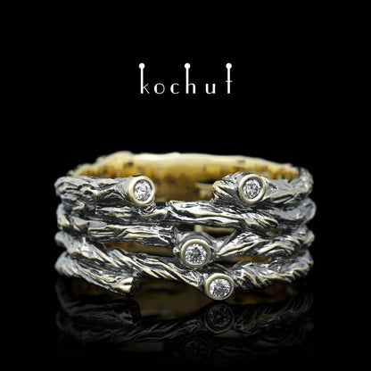 Breiter Zweig — Ring aus Gelbgold mit Diamanten, beschichtet mit schwarzem Rhodium