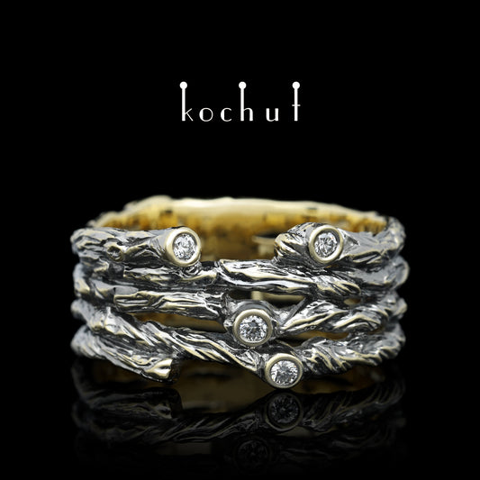 Breiter Zweig — Ring aus Gelbgold mit Diamanten, beschichtet mit schwarzem Rhodium