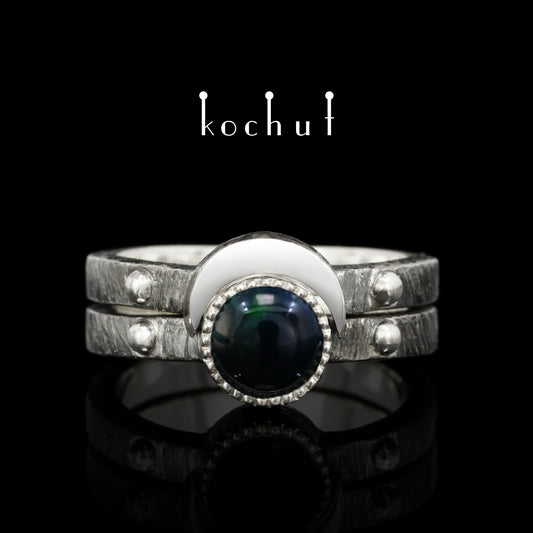 Mond-Duett — doppelter Ring aus oxidiertem Silber mit schwarzem Opal