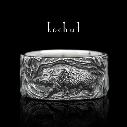 Wildschwein — silberner Ring mit schwarzem Rhodium