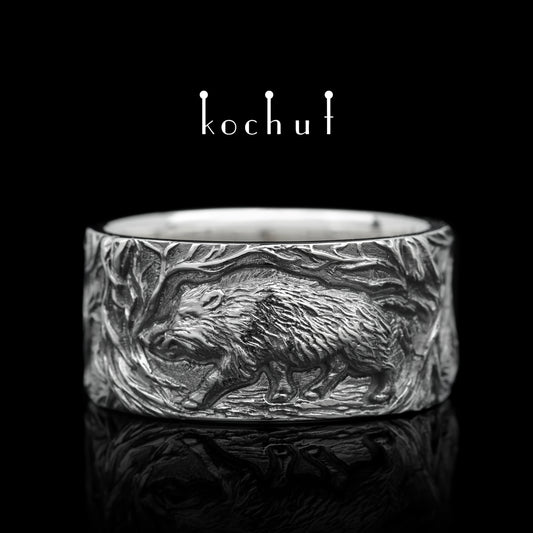 Wildschwein — silberner Ring mit schwarzem Rhodium