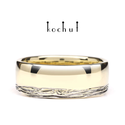 Baum des Lebens: Wurzeln — Ehering aus Gelbgold, plattiert mit schwarzem Rhodium