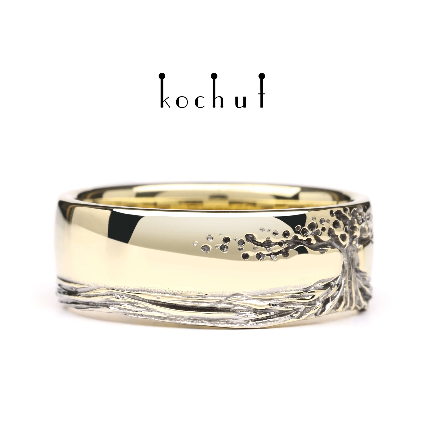 Baum des Lebens: Wurzeln — Ehering aus Gelbgold, plattiert mit schwarzem Rhodium