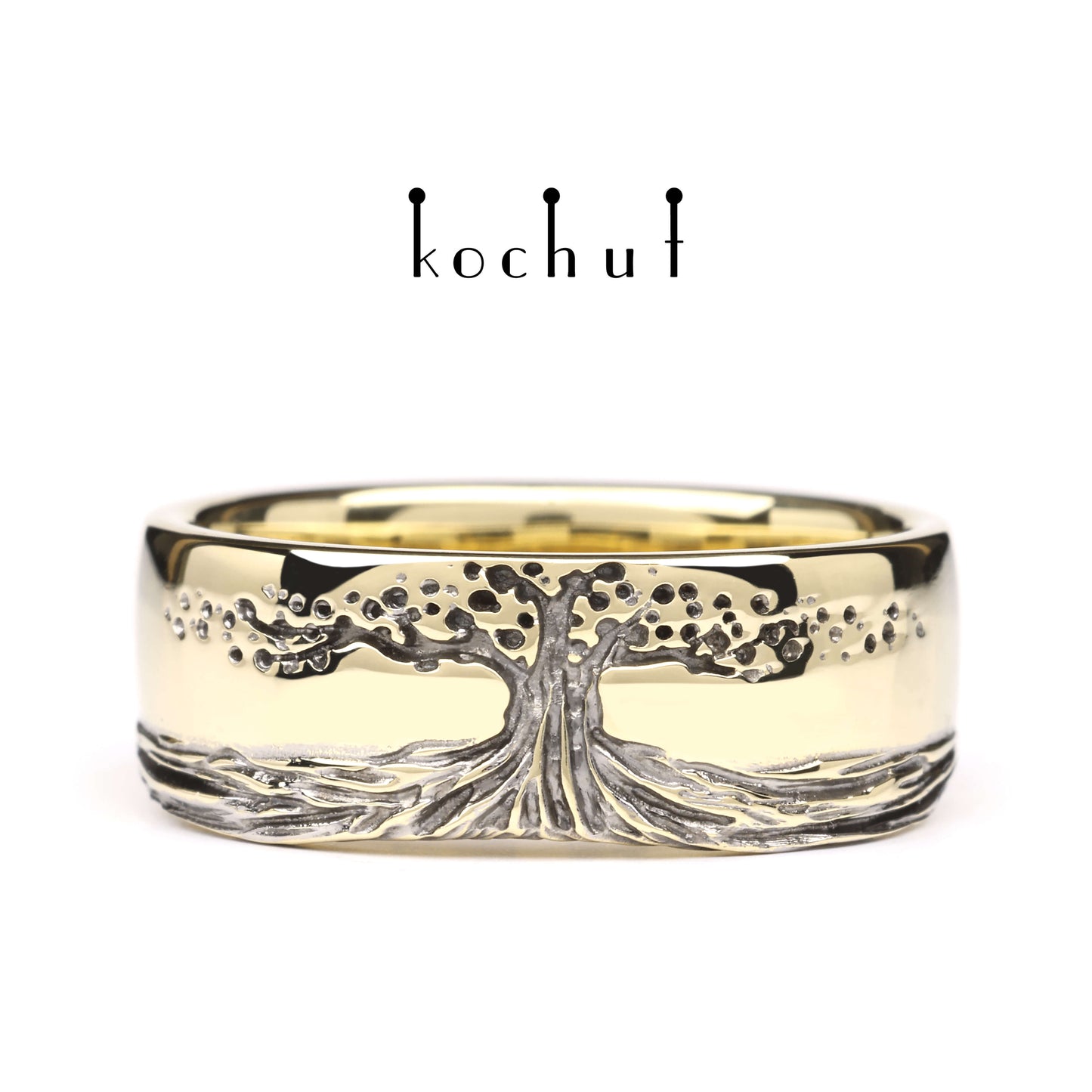 Baum des Lebens: Wurzeln — Ehering aus Gelbgold, plattiert mit schwarzem Rhodium