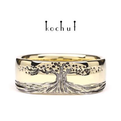 Baum des Lebens: Wurzeln — Ehering aus Gelbgold, plattiert mit schwarzem Rhodium