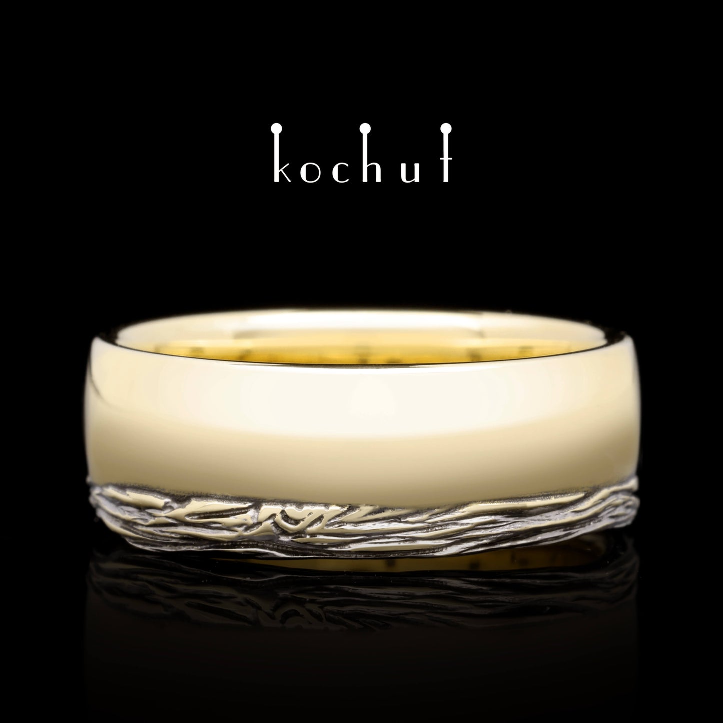 Baum des Lebens: Wurzeln — Ehering aus Gelbgold, plattiert mit schwarzem Rhodium