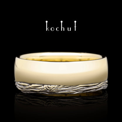 Baum des Lebens: Wurzeln — Ehering aus Gelbgold, plattiert mit schwarzem Rhodium