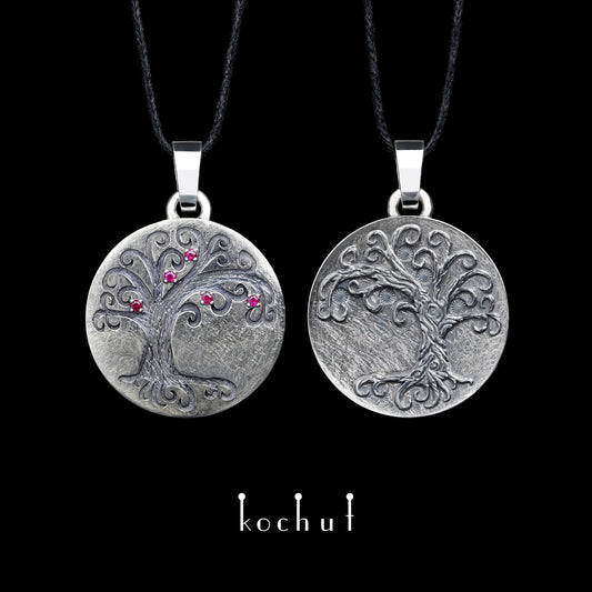 Ask and Embla — Doppel-Anhänger aus oxidiertem Silber mit Rubinen