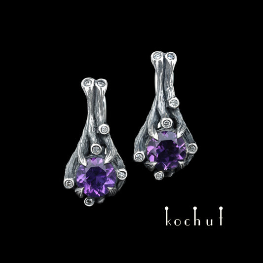 Verzauberter Wald — Ohrringe aus oxidiertem Silber mit Amethysten und Diamanten
