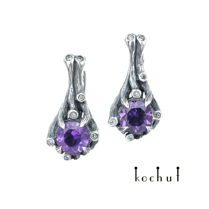 Verzauberter Wald — Ohrringe aus oxidiertem Silber mit Amethysten und Diamanten
