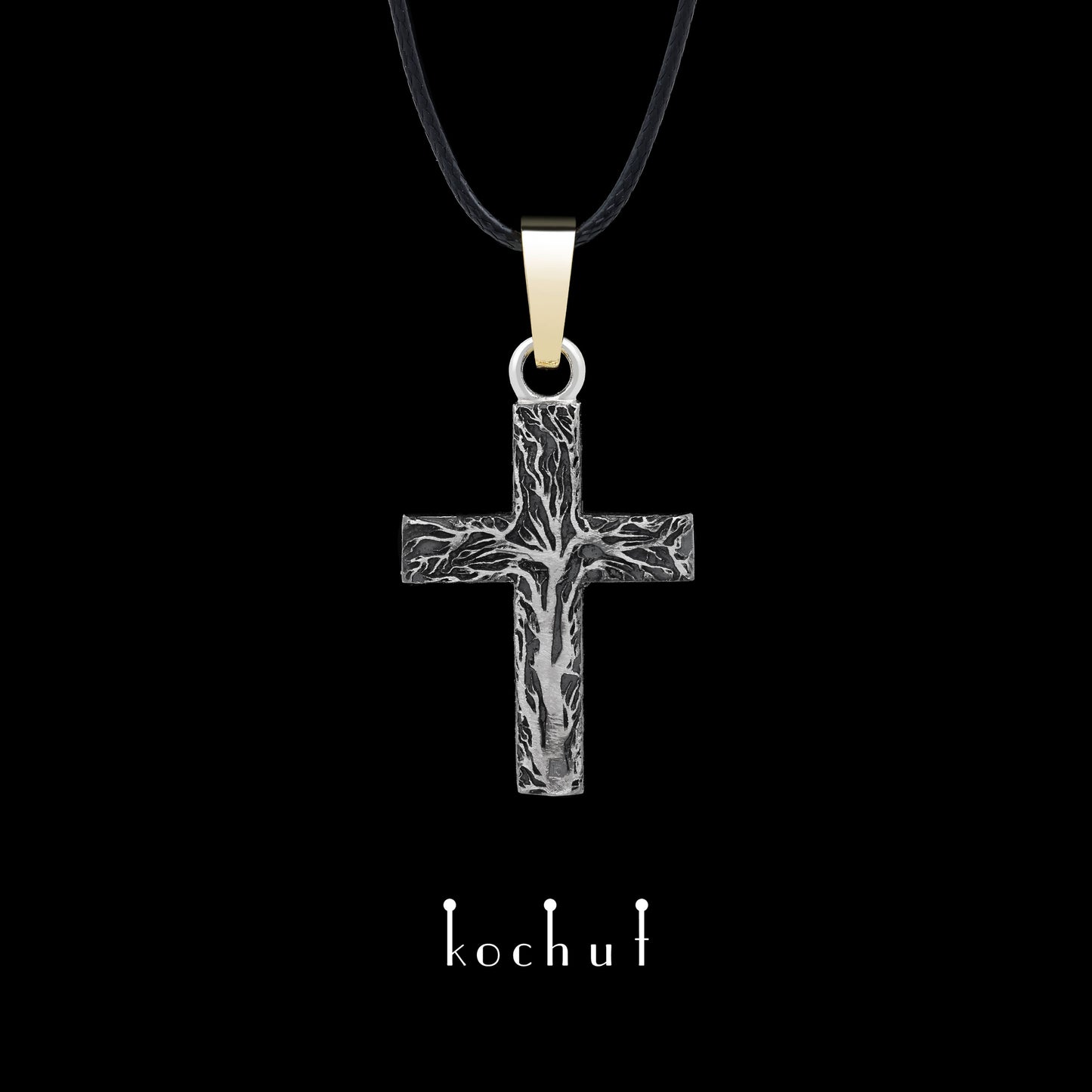 Leib und Seele mit einem Baum — Kreuz aus oxidiertem Silber mit Gelbgoldbeschichtung