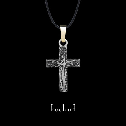 Leib und Seele mit einem Baum — Kreuz aus oxidiertem Silber mit Gelbgoldbeschichtung