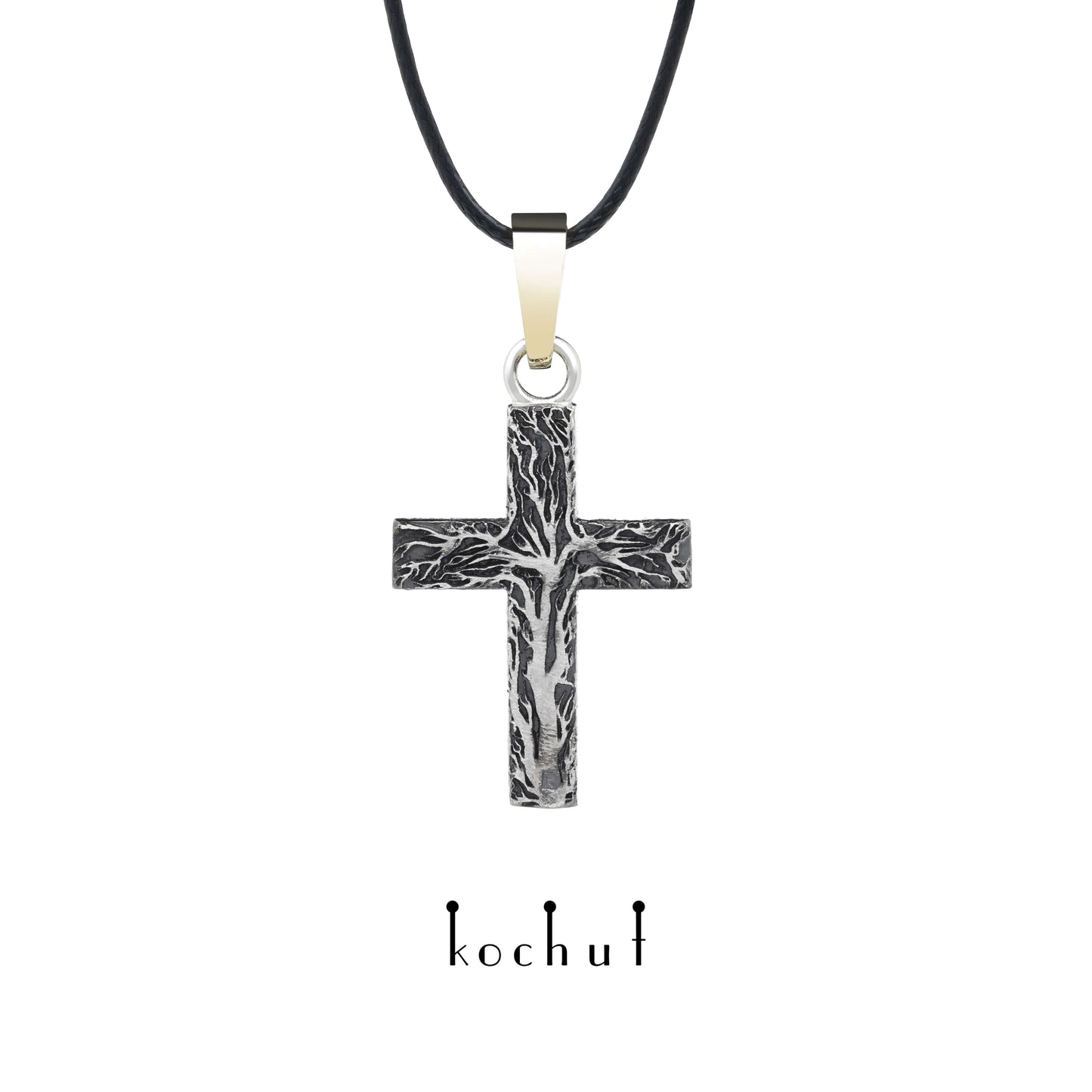 Leib und Seele mit einem Baum — Kreuz aus oxidiertem Silber mit Gelbgoldbeschichtung