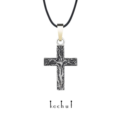 Leib und Seele mit einem Baum — Kreuz aus oxidiertem Silber mit Gelbgoldbeschichtung
