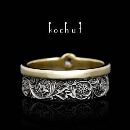 Harmonie der Natur — Ehering aus Silber und Gelbgold mit einem Diamanten, beschichtet mit schwarzem Rhodium