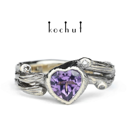 Herz des Waldes — Ring aus Weißgold mit Amethyst und Diamanten, beschichtet mit schwarzem Rhodium