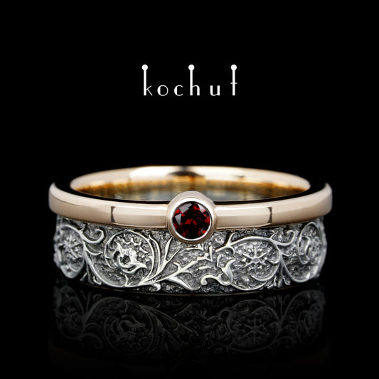 Harmonie der Natur — Ring aus Silber, Rotgold mit Granat, überzogen mit schwarzem Rhodium