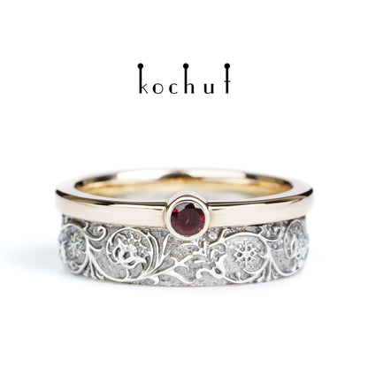 Harmonie der Natur — Ring aus Silber, Rotgold mit Granat, überzogen mit schwarzem Rhodium